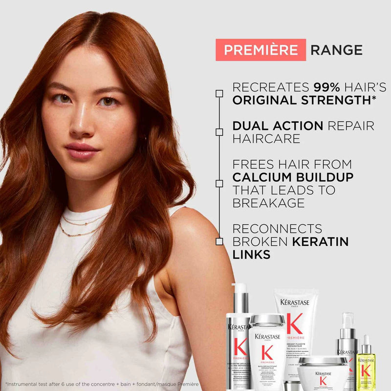 Woman with long brown hair and Kérastase hair care products on a white background