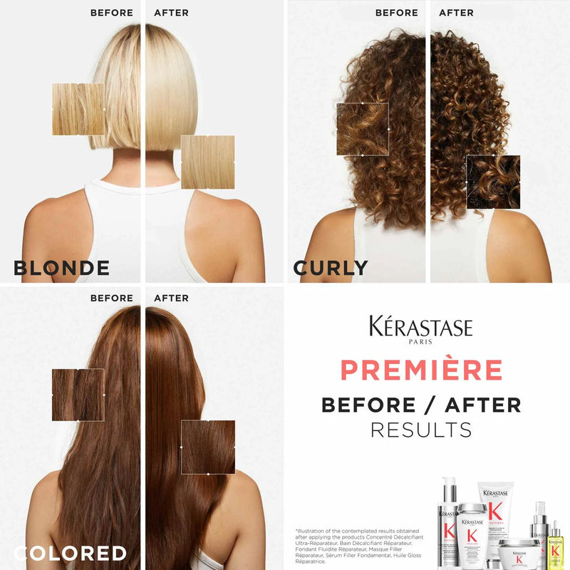 Kérastase Premiere hair treatment before and after results showing blonde, curly, and colored hair.