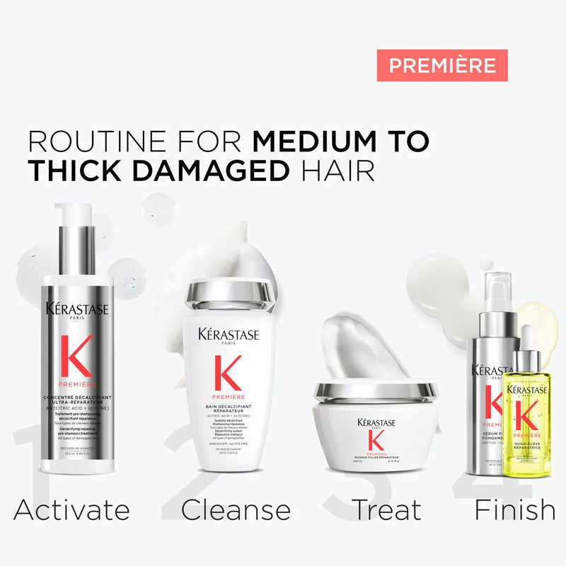 Kérastase hair care products for medium to thick damaged hair with 'Première' branding.