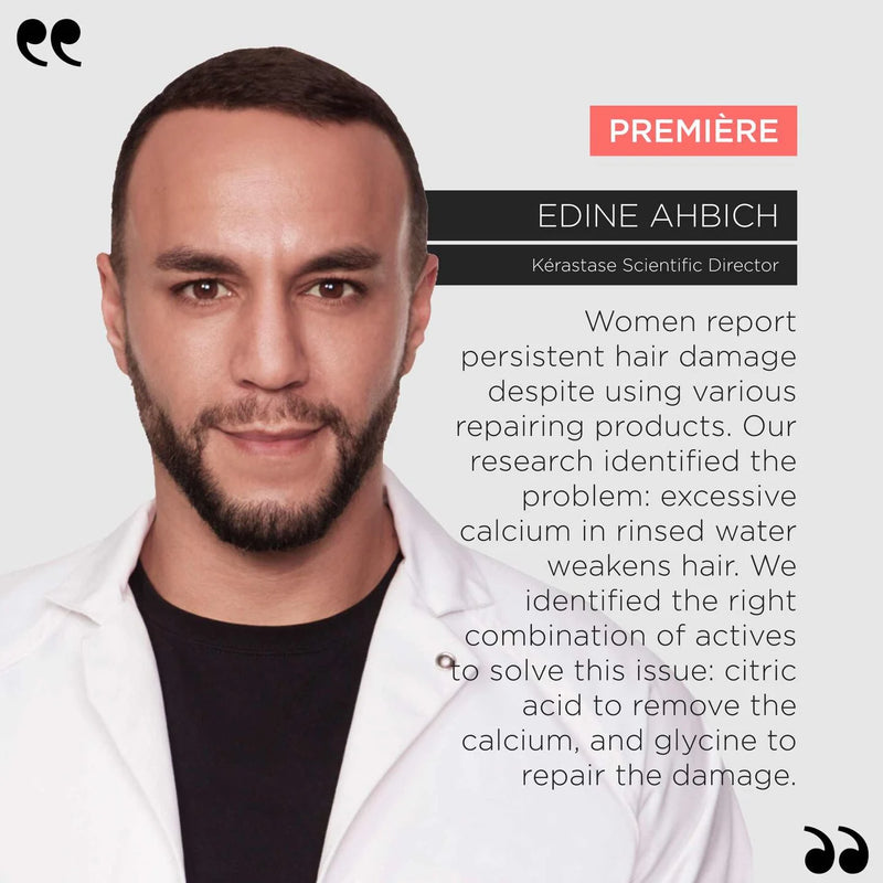 Man in a white coat with text about hair care research on a light gray background