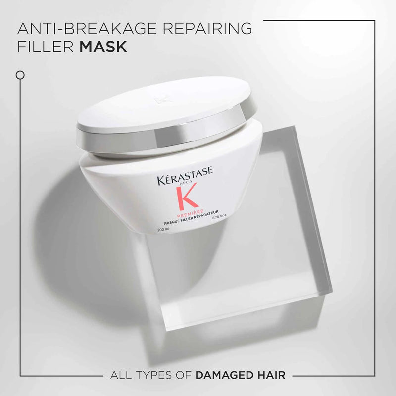 Kerastase anti-breakage repairing mask jar on a light gray background