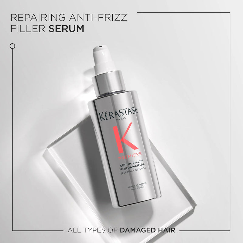 Kérastase serum bottle on a light gray background with text about repairing anti-frizz filler.