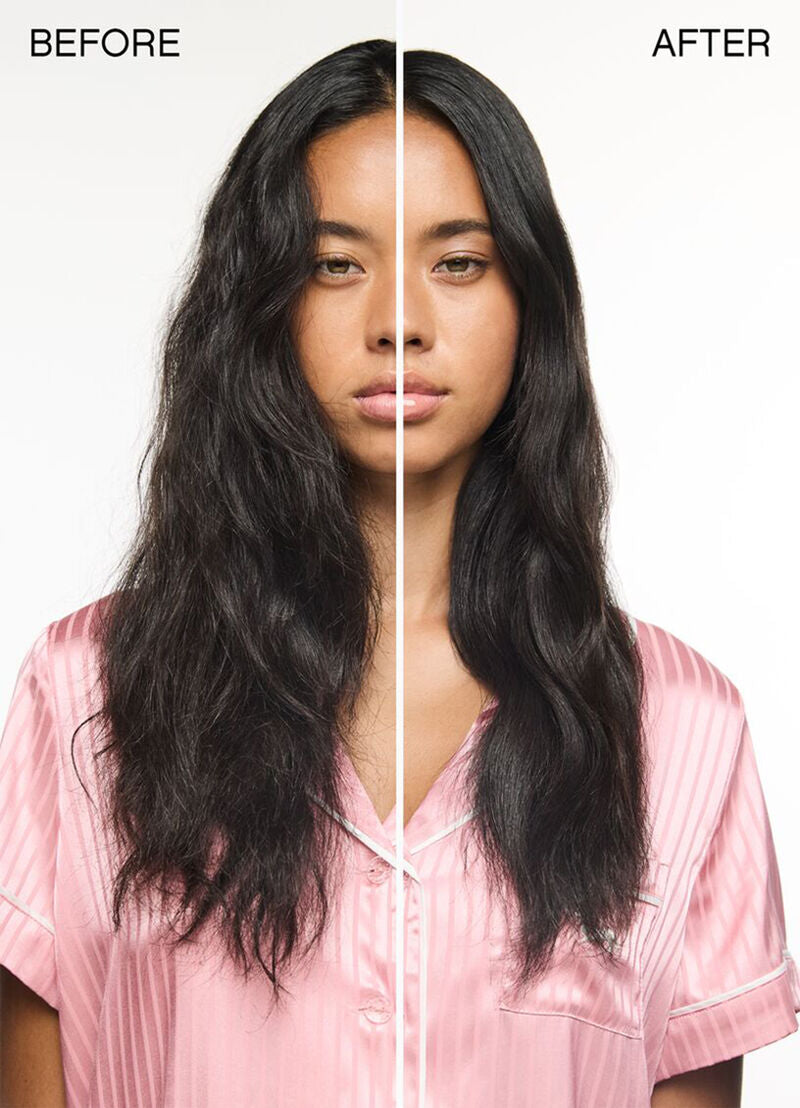 Before and after comparison of a person with long, wavy hair wearing a pink shirt.