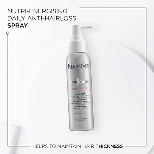 Kérastase spray bottle with text about nutri-energising daily anti-hairloss spray on a white background