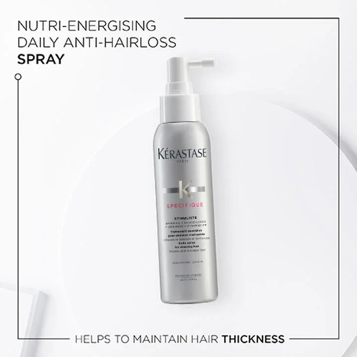 Kérastase spray bottle with text about nutri-energising daily anti-hairloss spray on a white background