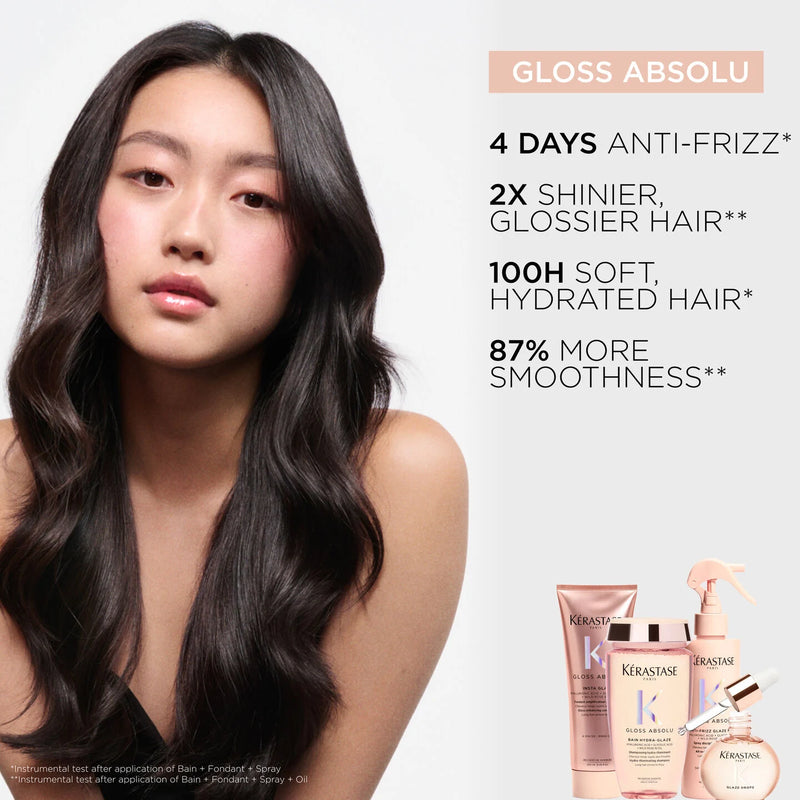 Model with glossy hair and Kérastase hair products with product features listed.