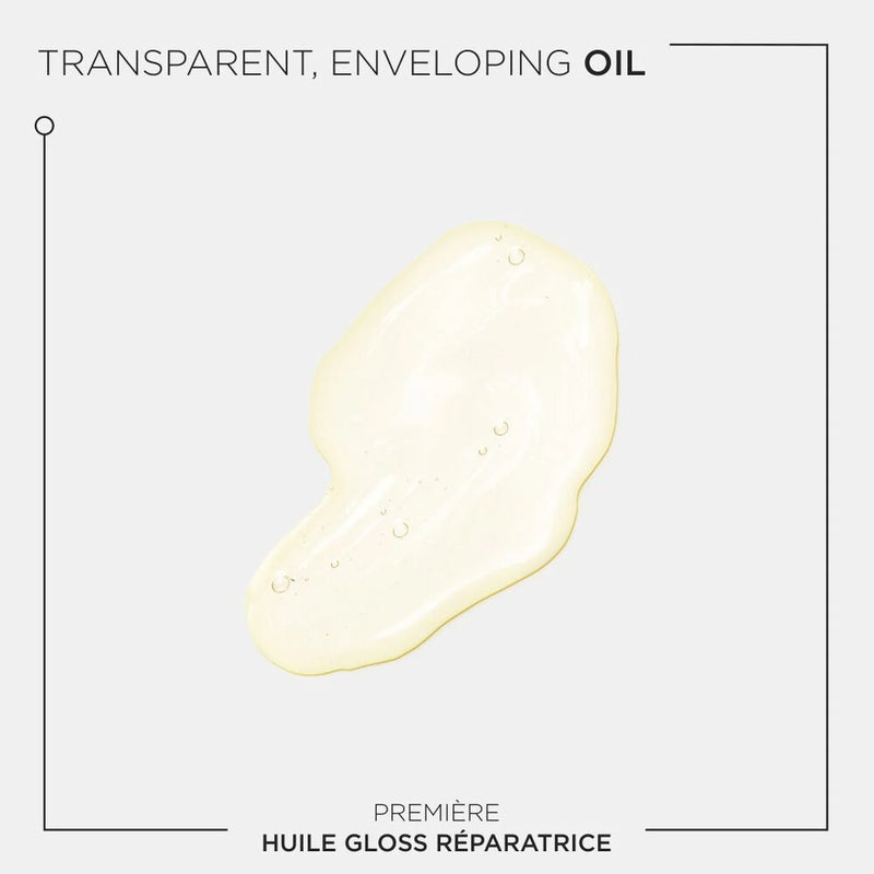 Transparent enveloping oil on a light gray background with text.