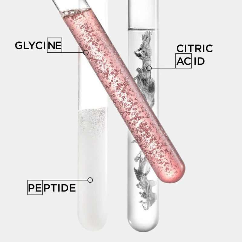 Two test tubes with labeled ingredients: glycine, citric acid, and peptide.