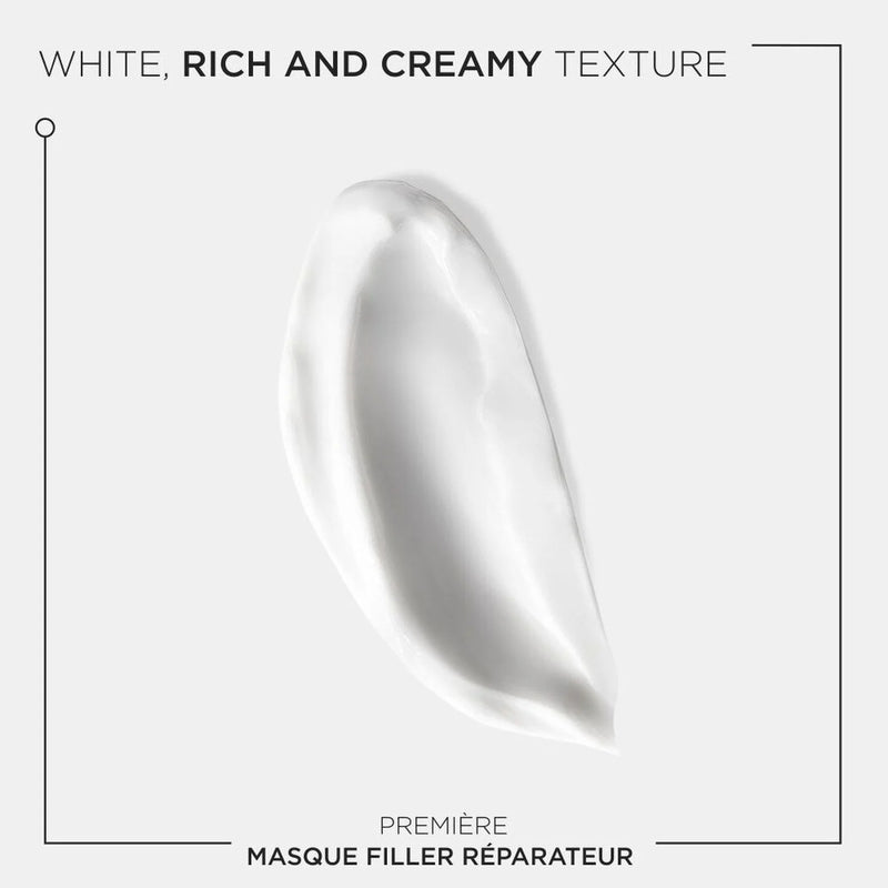 White cream texture on a light gray background with text 'White, Rich and Creamy Texture' and 'Première Masque Filler Réparateur'.