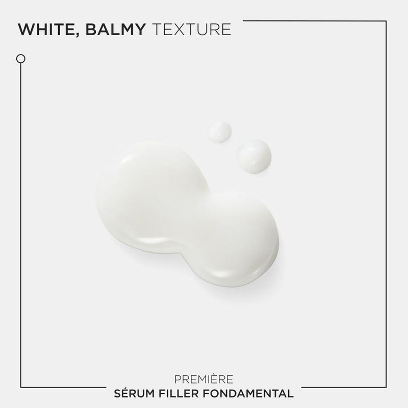 White liquid droplets on a light gray background with text about a serum filler.