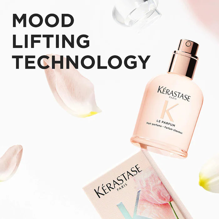 Kérastase perfume bottle with floral design and 'Mood Lifting Technology' text on a white background