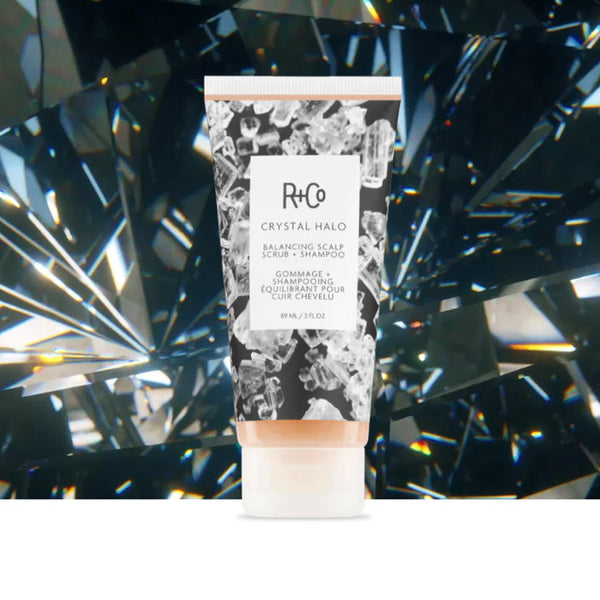 R+CO Crystal Halo Balancing Scalp Scrub + Shampoo Crystal Background