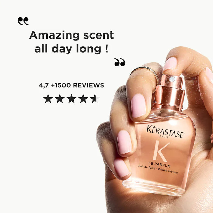 Kérastase perfume bottle held by a hand with pink nail polish, surrounded by text about the product's scent and reviews.