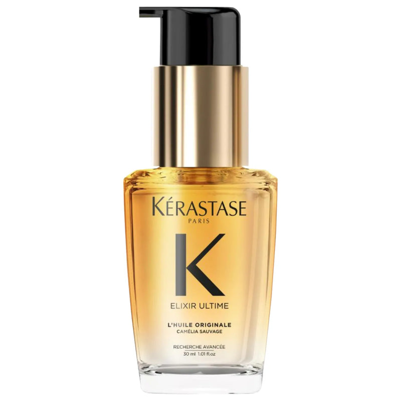 Travel Size of Kerastase Elixir Ultime Oil Bottle with white barckground