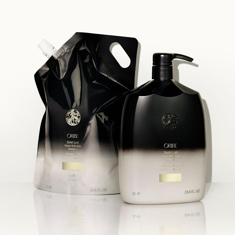 ORIBE Gold Lust Repair & Restore Shampoo Liter Refill and bottle