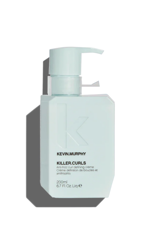 A white pump bottle with the label 'KEVIN.MURPHY KILLER.CURLS' designed for hair care.